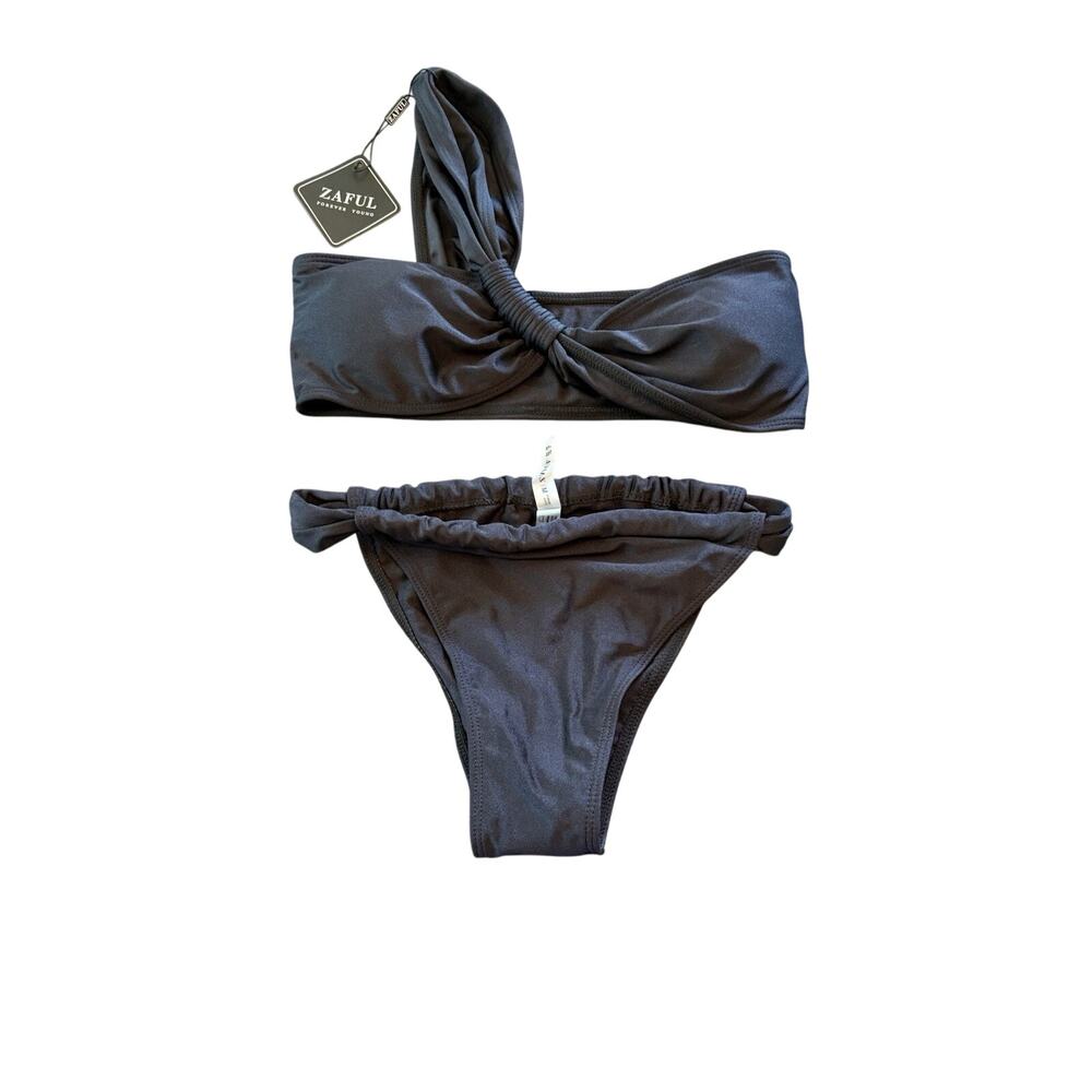 ZAFUL Bikini Set Women Medium Black One Shoulder Bandeau High Cut Ruch Swimsuit